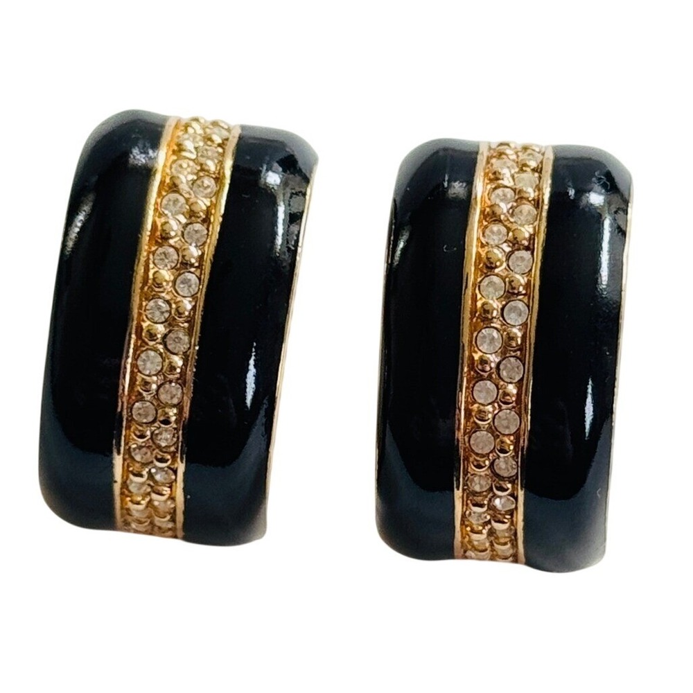 Swarovski Pierced Earrings VTG Signed Cuff Crystal gold black Authentic Regal